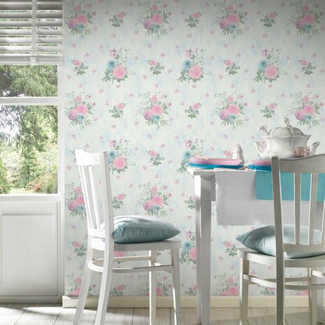 pastel zacht blauw springtime bouquet vinyl op vlies behang