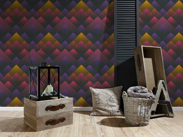 graphic colour burst retro mountains vinyl op vlies behang