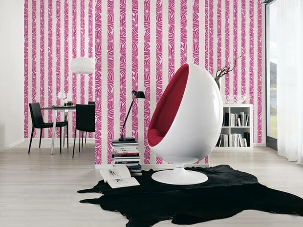 shocking pink floral stripes  vinyl op vlies behang