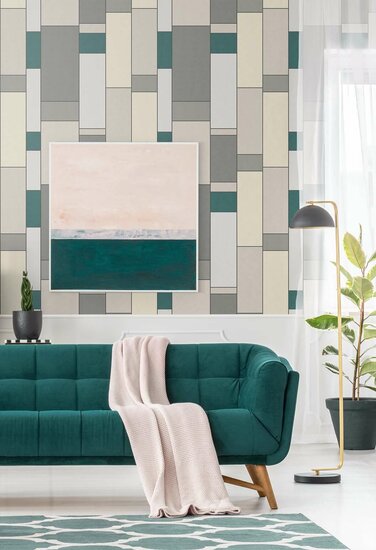 Seabrook Mondrian De Stijl Wallpaper -Teal &amp; Gray vlies  by KT Exclusive 